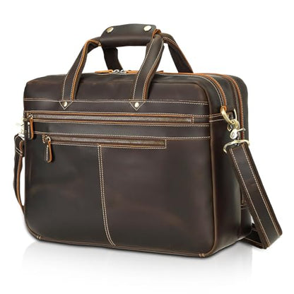 Polare Full Grain Napa Leather 17" Briefcase Work Bag Business Case For Men | Cowhide Leather, Business Travel Laptop Case, Padded Compartment Fits 15.6" Laptop, YKK Zippers - color: Dark Brown (Updated Version)