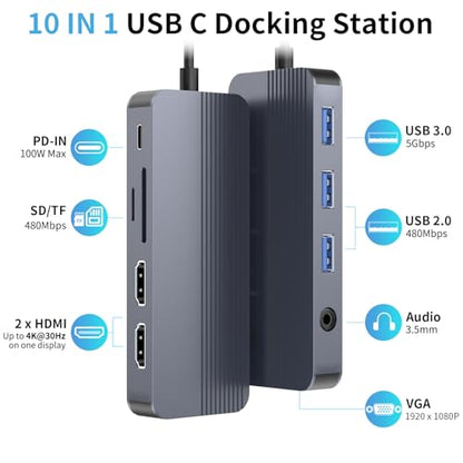 Docking Station Dual Monitor, 10-in-1 USB C Hub with Dual 4K HDMI, VGA, 100W PD, 1 x USB 3.0, 2 x USB 2.0, SD/TF Card Reader, 3.5mm Audio, Ideal for HP/Dell/Lenovo/Mac Laptops - style: 10 in 1 4K@30Hz