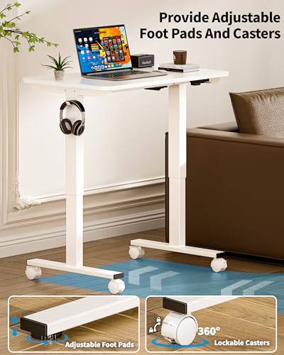 Okin Electric Standing Desk 31.5x19.7 Inches Small Computer Desk-Whole Piece Stand up Desk with Wheels Gaming Rolling Home Office Desks, White - color: White+casters, size: 31.5 Inch
