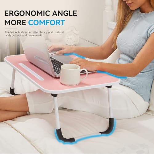 BUYIFY 23" Foldable Lap Desk for Laptop Writing w/Cup Holder Pink | Sturdy and Durable, Laptop Bed Desk with Tablet Slot, No Assembly, Space Saving for Bed Couch Dorm WFH Students - color: Pink