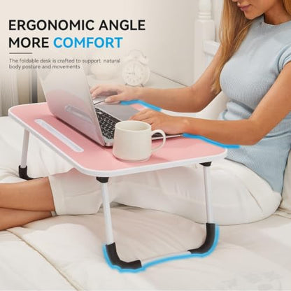 BUYIFY 23" Foldable Lap Desk for Laptop Writing w/Cup Holder Pink | Sturdy and Durable, Laptop Bed Desk with Tablet Slot, No Assembly, Space Saving for Bed Couch Dorm WFH Students - color: Pink