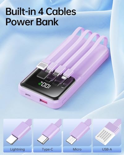 RONEGN Portable Charger with Built in Cable -20000mAh Fast Charging Power Bank USB C Slim 22.5W LED Display Battery Pack 5 Outputs & 3 Inputs for Travel Essentials iPhone Samsung Phones Purple - color: Purple