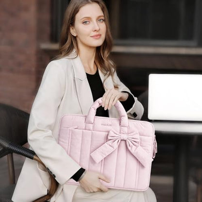 MOSISO Laptop Case 14 inch, 14 inch Puffy Laptop Sleeve Compatible with HP Lenovo Dell ASUS Acer, HP Stream, Dell Latitude, Lenovo IdeaPad, Rectangle Quilted Carrying Bag with Bow&Handle, Pink - color: Pink, size: 14 inch