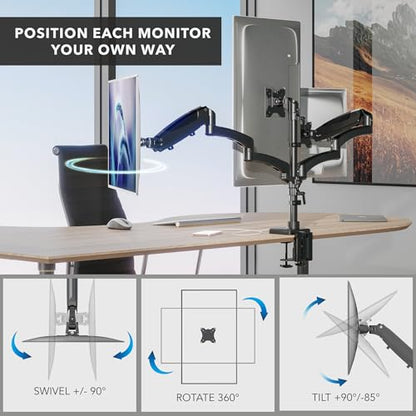 Mount-It! Triple Monitor Desk Stand, USB-A & C, Black | Gas spring arms hold up to 17.6 lbs each, fits 13-32" screens, VESA 75 & 100, built-in USB ports. - color: Black