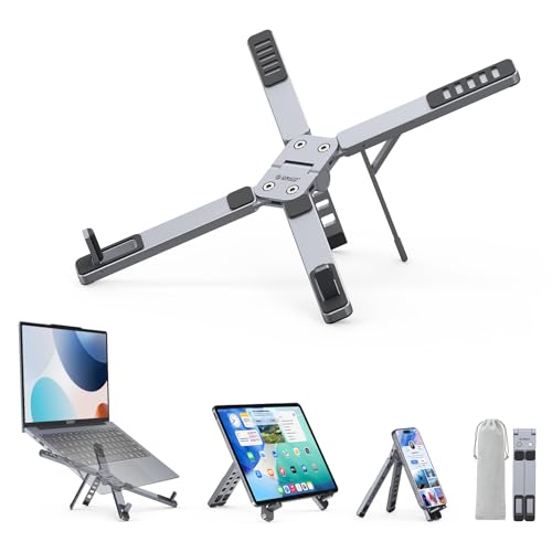 ORICO Portable Laptop Stand for Travel & Desk, Ultra-Compact Foldable Aluminum 3-in-1 Riser for Laptop, Tablet & Phone, 5 Adjustable Heights, Compatible with MacBook/HP/Dell/iPad/iPhone – PN1 (Gray) - color: Gray