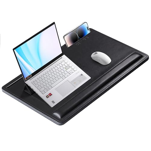 CENNBIE Leather Lap Desk with Memory Foam Cushion 24x16 Inches (Black) | Adjustable Portable Laptop Tray Fits 17 / 19 Inch Notebook - Built-in Wrist Rest Lightweight Computer Desk - color: Black