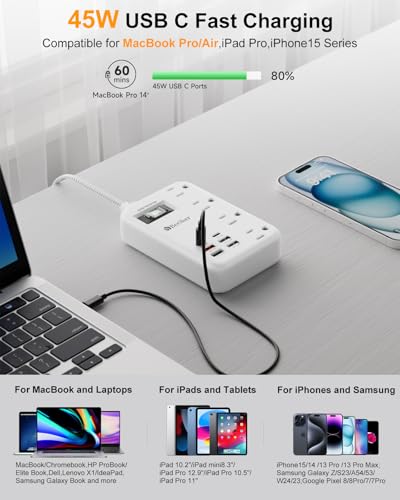 PD45W USB C Surge Protector Power Strip,6 USB Travel Extension Cord 5Ft | 45W,Travel Power Strip,6 USB (2 USB C),4 Outlets,5FT Braided Extension Cord,Flat Plug,Fast Charging for MacBook Laptops iPad - size: PD45W USB-5ft-980J