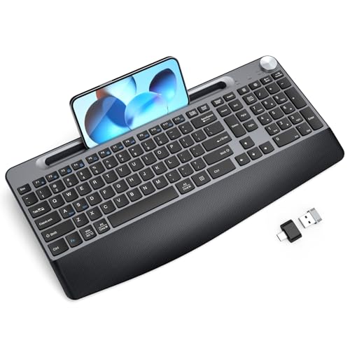 JOYACCESS Ergonomic Wireless Keyboard with Wrist Rest, Low-Profile,Phone Holder,2.4GHz Full Size Silent Cordless USB Computer Keyboard for Windows, Mac OS Desktop/Laptop/PC-Black Grey - color: Black grey