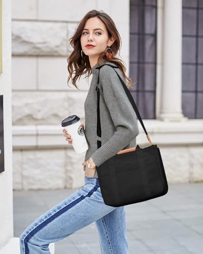Canvas Tote Bag with Multi-Pocket for Women Large Crossbody Shoulder Handbag Everything Tote Bag with Compartments - color: Black, size: X-Large