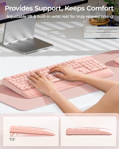 seenda Wireless Bluetooth Ergonomic Keyboard Mouse Combo, Full Size, Pink | USB/Bluetooth multi-device switching, with wrist rest, number pad, and quiet operation for PC, laptop, Mac, MacBook, and iPad - color: Pink