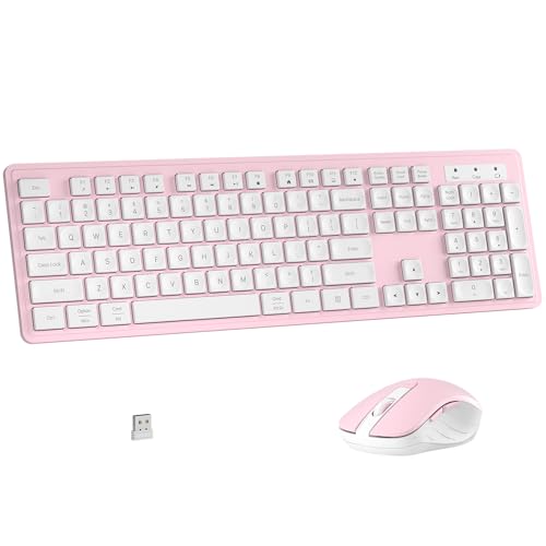 MPTOG Wireless Keyboard and Mouse Combo, Full-Size 104-Key Office Keyboard with 15 Function Keys, Numeric Keypad, Single USB Receiver, Compatible with PC and Laptop(Pink White) - color: Pink White
