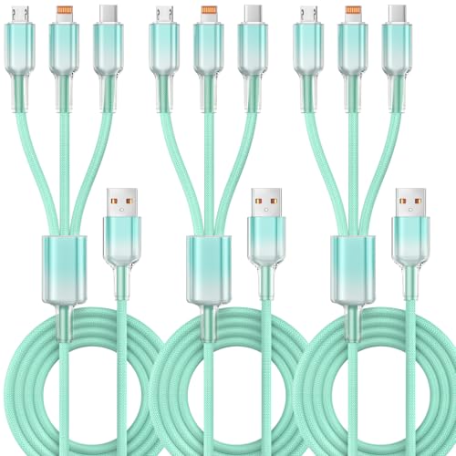 Multi Charging Cable, 3 in 1 Chargers for Multiple Devices, 48 Braid Universal Charger Cord with USB-C/IP/Micro, Multi Charger Cable for iPhone17-11/ Android / Pad (3Pack 4FT),Travel/Car/Cruise/Beach - color: Light Green, size: 4FT 3Pack