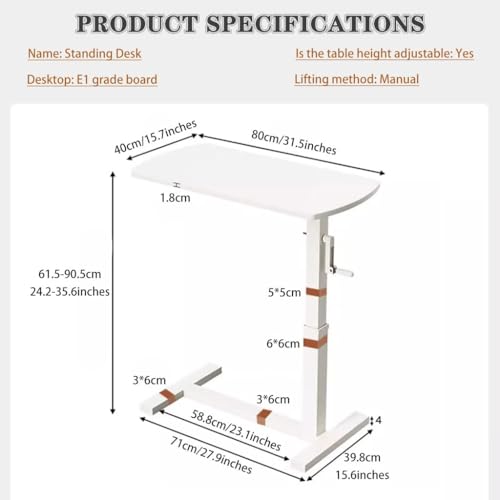 Household Compact Side Table, Laptop Desk with Hidden Casters, Mobile Computer Workstation, Height Adjustable Standing Table, Easy to Install