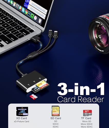 XD Card Reader for iPhone - 3-in-1 SD/MicroSD/XD Picture Card Reader Adapter with Triple Ports USB-C, Lightning, USB-A, Compatible with iPhone 17/16/15, Android, iPad, PC, Mac - color: Black