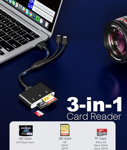 XD Card Reader for iPhone - 3-in-1 SD/MicroSD/XD Picture Card Reader Adapter with Triple Ports USB-C, Lightning, USB-A, Compatible with iPhone 17/16/15, Android, iPad, PC, Mac - color: Black
