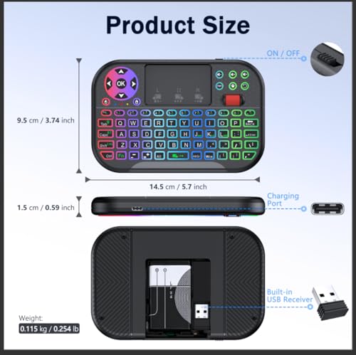 IDEALROYAL M2 Mini Wireless Keyboard with Touchpad Mouse Combo, Portable Bluetooth/2.4Ghz Mini Keyboard with 7 Colors RGB Backlit, Rechargable Battery for Android Box/Smart TV/Pad/PC, HTPC, Tablet