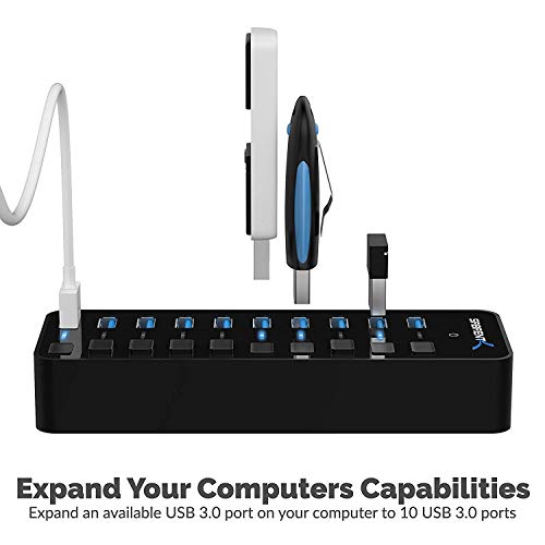 SABRENT 10-Port 60W Powered USB 3.0 Hub, Power Switches & LEDs (HB-BU10) | Individual power switches + LEDs; includes 60W 12V/5A power adapter; for PC & Mac - size: 10-Port - 10 USB 3.0