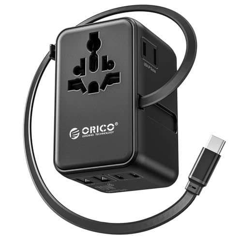 ORICO Universal Travel Adapter 70W GaN International Power Adapter | 7 in 1 (2 AC, 3 USB-C, 2 USB-A) European Travel Plug Adapter, Built-in Retractable USB-C Cable for Eu UK AU 200+ Countries - color: Black, size: 70W