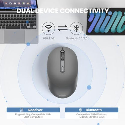 TECKNET Bluetooth Wireless Mouse, Bluetooth 5.0 & 2.4G USB Receiver, Compact & Portable, Silent Click, Ergonomic Symmetrical Design, 18-Month Battery, Adjustable DPI, Wide Compatibility - color: Charcoal Gray