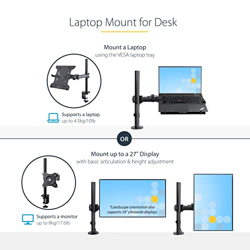 StarTech Laptop Desk Mount up to 34in, 9.9lb/4.5kg (A-Laptop-Desk-Mount) | VESA Monitor Mount for Displays up to 34" (17.6lb/8kg) or Laptops up to 9.9lb (4.5kg), Articulating Arm Tray, Clamp/Grommet - style: Single