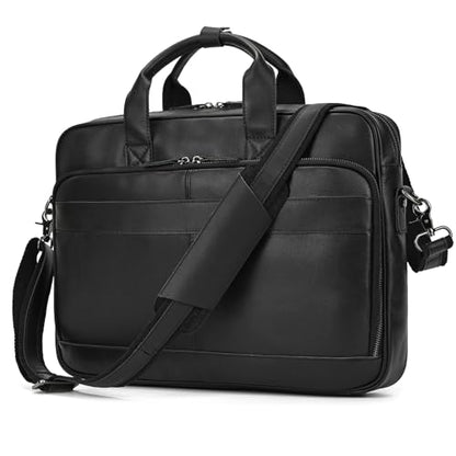 Leather Laptop Bag for Men Briefcase Fits 15.6 Inch Notebook Portable Shoulder Messenger Crossbody Bag for Travel Office - color: Black