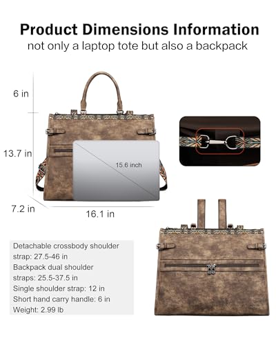 FADEON Laptop Bag for Women Designer PU Leather Large Tote Bags Backpack Purses with 15.6 Laptop Compartment Shoulder Handbag - color: Coffee Brown