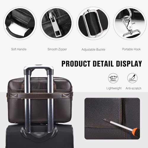 FANDARE Laptop Tote Bag for Men Full Grain Leather Briefcase Business Tote Messenger Handbag - color: Brown