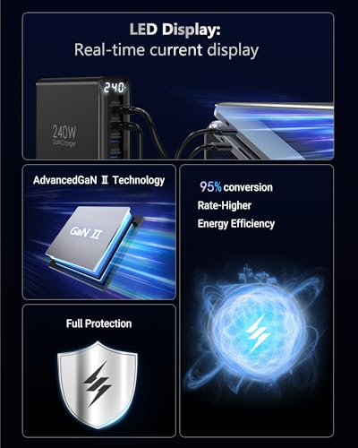 TOPADRE 240W USB C Charger with Display, 6 Ports Desktop Charging Station, PD3.1 140W Fast Charging Block for MacBook, iPad, iPhone 16/17, Galaxy S25/S24, Steam Deck, Dell XPS and More - color: Black