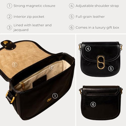 Time Resistance Full-Grain Leather Crossbody Bag – Shoulder Bag with Magnetic Closure - Leather Messenger Bag for Women - color: Black
