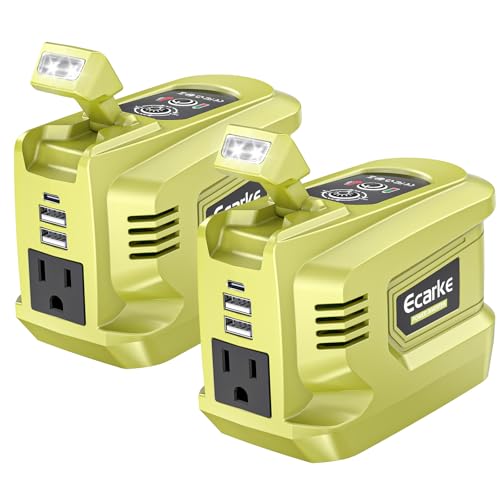 Ecarke 220W Power Inverter Compatible with Ryobi 18V Battery (Tool Only), DC 18V to AC 110V Power Station with 1 AC Outlet, 2 USB-A, 1 Type-C & LED Light for Camping Outdoor Emergency(2-Pack) - color: Green, size: 2-pack