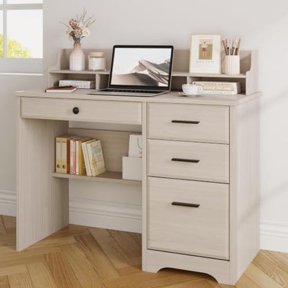 4 EVER WINNER Small Desk with Drawers for Small Spaces, 44'' Computer Desk with File Cabinet & Monitor Stand, Wood Writing Desk for Bedroom, Living Room, Off White - color: Off White