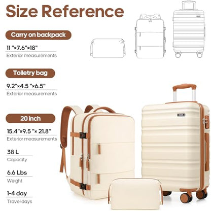 3 Piece Luggage Set, 20 Inch Carry On Luggage 22x14x9 Airline Approved, Hardside Suitcases with Wheels, Suitcase Set with YKK Zipper&TSA Lock, Travel Set - color: Off White, size: 3 piece set (20inch)