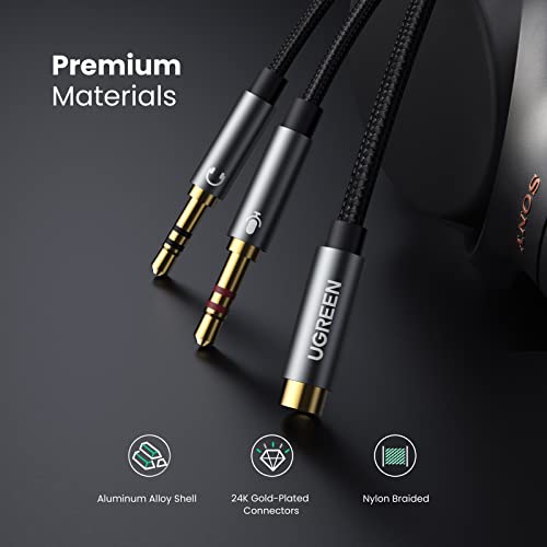UGREEN Headphone Splitter for Computer 3.5mm Female to 2 Dual 3.5mm Male | Gaming Headset to PC Adapter, Braided Audio Cable, For Laptop with Separate Audio and Mic, Stereo Jack Earphones Port Y Cord