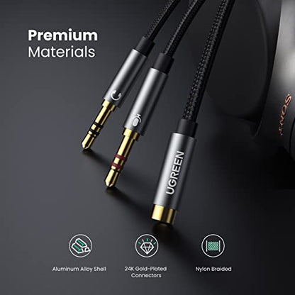 UGREEN Headphone Splitter for Computer 3.5mm Female to 2 Dual 3.5mm Male | Gaming Headset to PC Adapter, Braided Audio Cable, For Laptop with Separate Audio and Mic, Stereo Jack Earphones Port Y Cord