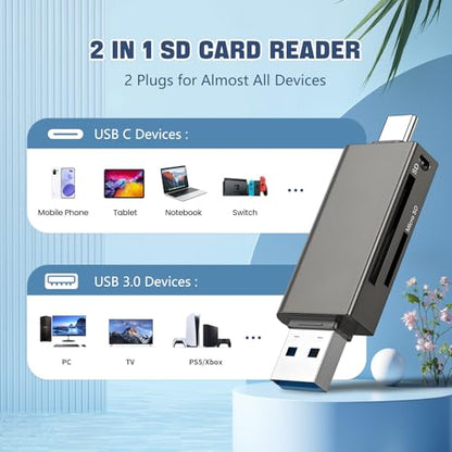 Micro SD Card Reader 2 in 1 Micro to C OTG Adapter | Portable Memory Card Reader for SD TF SDXC SDHC MMC RS-MMC Micro SD Micro SDXC Micro SDHC Card and UHS-I Cards - size: 2in1