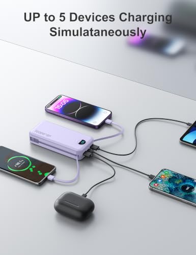 20000mAh Ultra Portable Charger Power Bank with inBuilt Cables&AC Wall Plug | PD20W USB-C Fast Charging Cell Phone Charger Battery Pack,LED Display Travel Battery Bank for All iPhone,Samsung,Android - color: Purple-20Ah