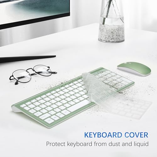 Wireless Keyboard and Mouse Ultra Slim Combo, TopMate 2.4G Silent Compact USB 2400DPI Mouse and Scissor Switch Keyboard Set with Cover, Batteries Included, for PC/Laptop/Windows/Mac - Green White - color: Green White