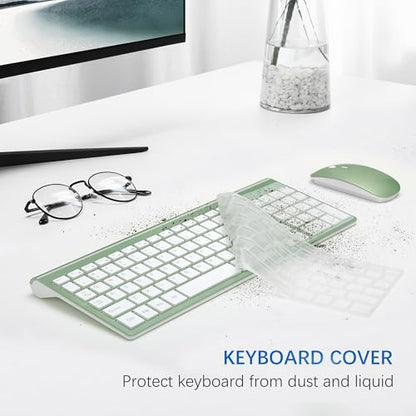 Wireless Keyboard and Mouse Ultra Slim Combo, TopMate 2.4G Silent Compact USB 2400DPI Mouse and Scissor Switch Keyboard Set with Cover, Batteries Included, for PC/Laptop/Windows/Mac - Green White - color: Green White
