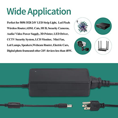 24V 2A 48W Universal AC DC Power Supply Adapter with 5.5x2.5mm Plugs | 100-240V 50-60Hz input, 5.5x2.5mm plug(Compatible 5.5x2.1mm), for LED strips & CCTV cameras