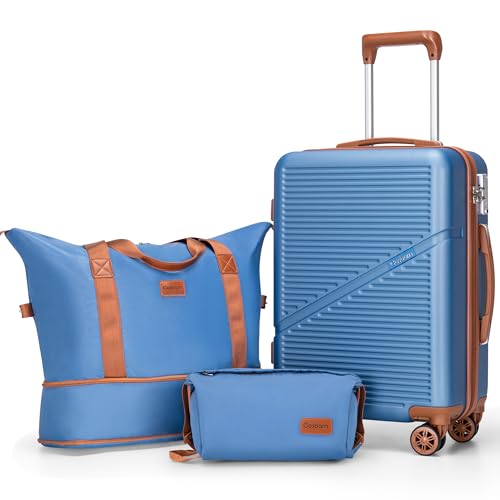 Cosbarn Carry On Luggage,3 Piece Carry On Suitcase,22x14x9 Airline Approved | Lightweight ABS Hardside Luggage, TSA-Approved Lock,Suitcases with Wheels,20Inch,Matching Duffle Bag,For Men&Women - color: HazeBlue, style: Carry on Luggage With Duffel Bag