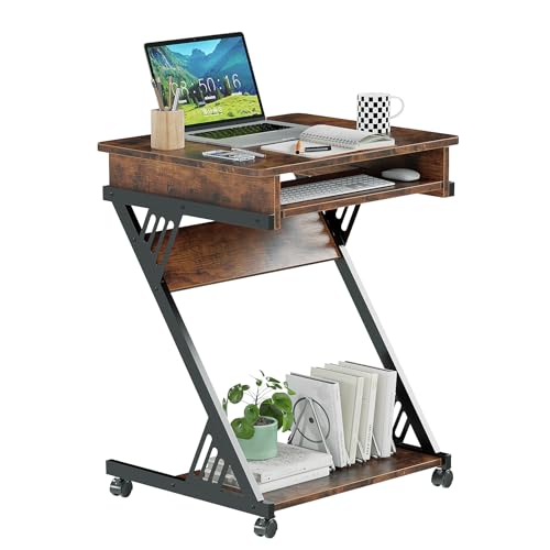 ALISENED Computer Desk for Small Spaces, 23.6" Z-Shaped Compact Study Table with Smooth Keyboard Tray with Wheels and Bottom Shelves for Home Office, Computer Cart Mobile Laptop Cart, Rustic Brown - color: Brown
