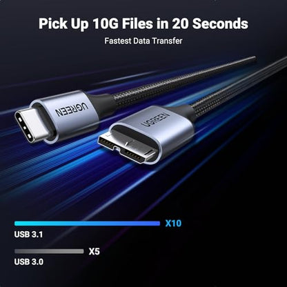 UGREEN 10Gbps USB C to Micro B Cable 10FT for External Hard Drive | 10Gbps transfer speed, braided shield, 40000+ bend tests, aluminum alloy shell, wide device compatibility - size: 10 FT