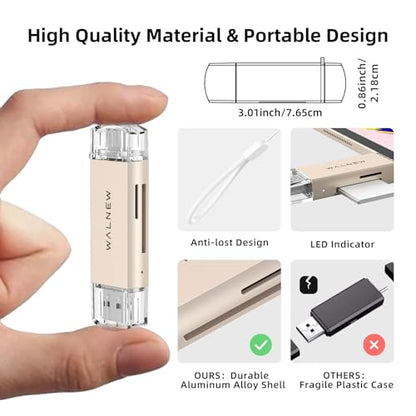 WALNEW SD Card Reader, USB 3.0 & USB-C SD/TF Memory Card Adapter | Supports UHS-I SD/SDHC/SDXC/MicroSD, Compatible with MacBook, PC, iPad, iPhone 15, Samsung Galaxy Android - color: Starlight