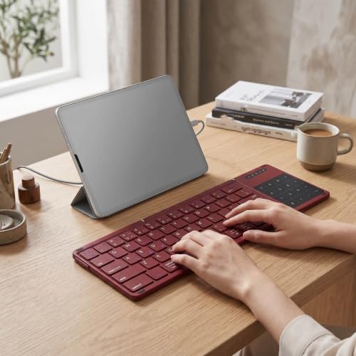 Foldable Keyboard with Touchpad, PU Leather Cover Bluetooth, Rechargeable 3 Fold Wireless Keyboard with Number Pad for Travel Tablet Laptop Users (Wine Red) - color: Wine Red