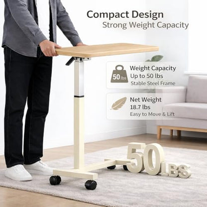 Adjustable Overbed Table with Wheels, Pneumatic Height Lift Rolling Bedside Table, Standing Desk for Home & Office Use, Ideal for Seniors & Limited Mobility(Walnut White) - color: Walnut White
