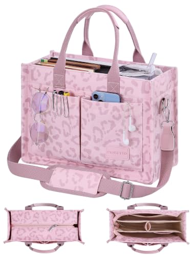 FIORETTO Canvas Tote Bag for Women with Zipper Closure & Individual Compartments for Work College for Teacher & Nurse - color: Leopard Blush, size: X-Large
