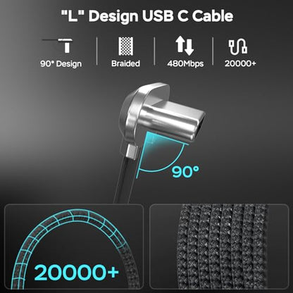 Right Angle USB C Cable 10ft, USB C 90 Degree Cable 60W Fast Charging | Flat USB C Cable, Compatible with Steam Deck, ROG Ally, Samsung S23/S22/S21, iPhone 16/15 Pro/Pro Max, MacBook - size: 10ft
