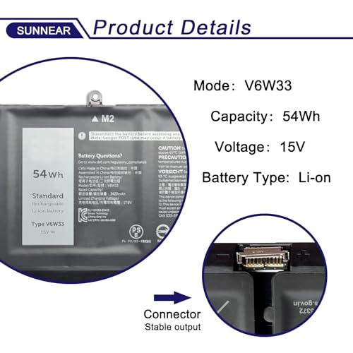 V6W33 54Wh Laptop Battery Replacement for Dell Inspiron 3510 3520 3511 3515 5310 5510 5515 5625 5630 Inspiron 14 7415 7420 7425 7430 7435 7445 2-in-1 Latitude 3320 3520 3420 Vostro 3515 Series - size: 13.5*4.37*1.26 inches V6W33