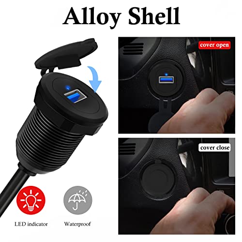 Alloy Single Port USB 3.0 Dashboard Port Car Mount Flush Cable, Male to Female Waterproof Extension Cable for Car Truck Boat Motorcycle with LED Indicator - 3ft - style: Single Port 3ft