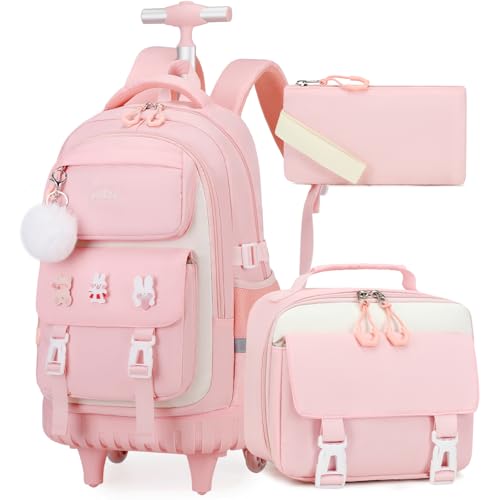 DIGOBAY Rolling Backpack for Girls, Roller Bag with Lunch Box Pencil case | Kawaii Girls Roller Backpack With Wheels School Bookbag With Cute Pins for Elementary Middle School, Pink - color: Pink